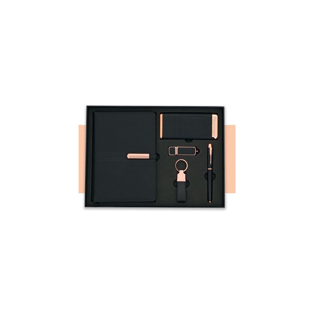 COFFRET 5 PIÈCES NOTE BOOK A5 + STYLO + POWER BANK 10000MAH + USB 16 GB + PORTE CLÉS