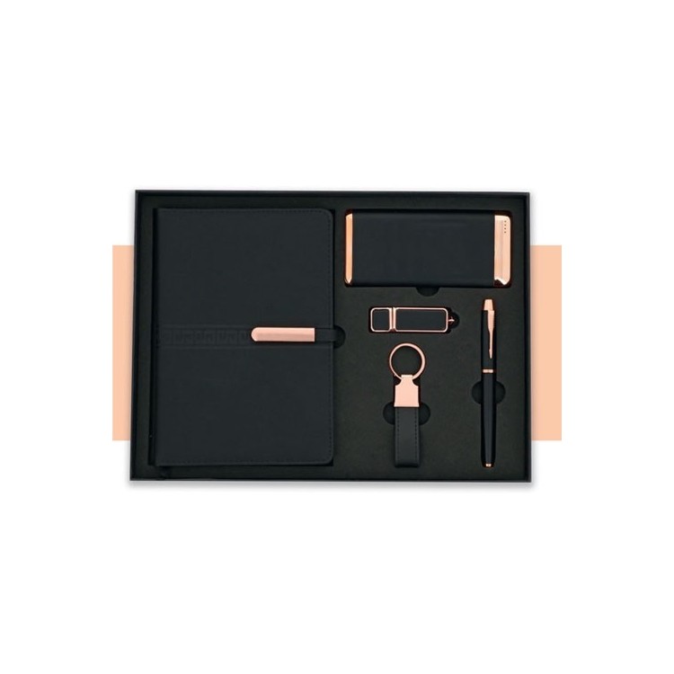 COFFRET 5 PIÈCES NOTE BOOK A5 + STYLO + POWER BANK 10000MAH + USB 16 GB + PORTE CLÉS